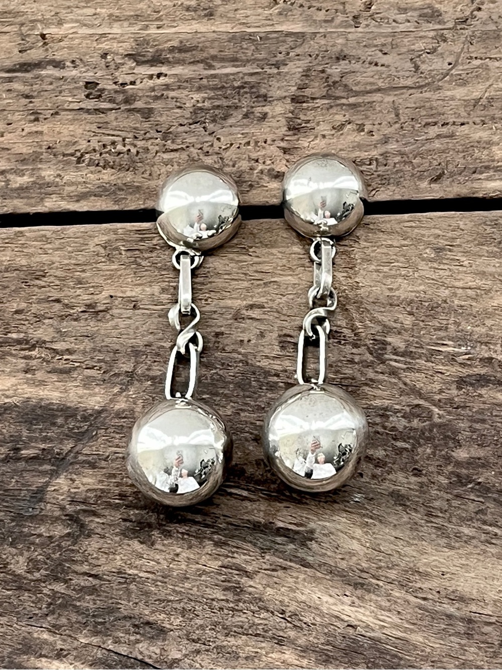 Vintage Taxco Mexico 17g 925 Sterling Silver Ball & Chain Dangle Post Earrings